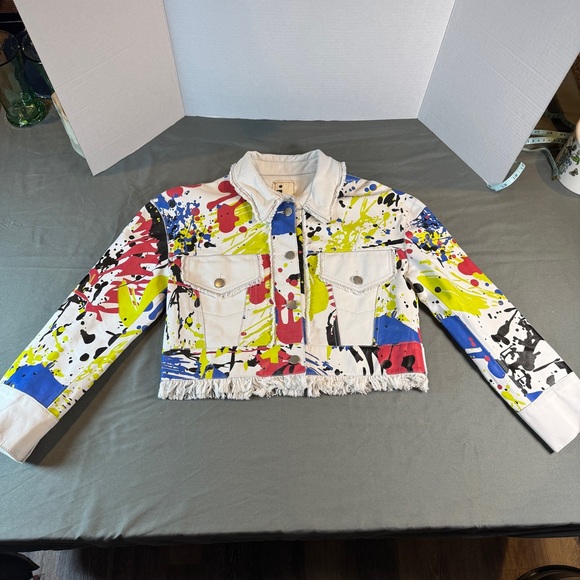 Jkt NYC Colorful Splatter Paint Leather Cropped Fringe Jacket - Picture 4 of 9